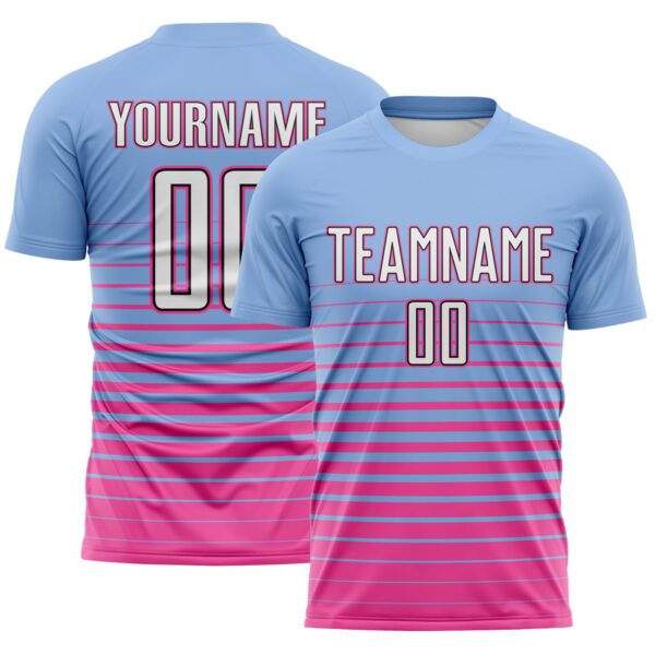 Custom Light Blue White Pink-Black Gradient Pinstripe Sublimation Soccer Uniform Jersey