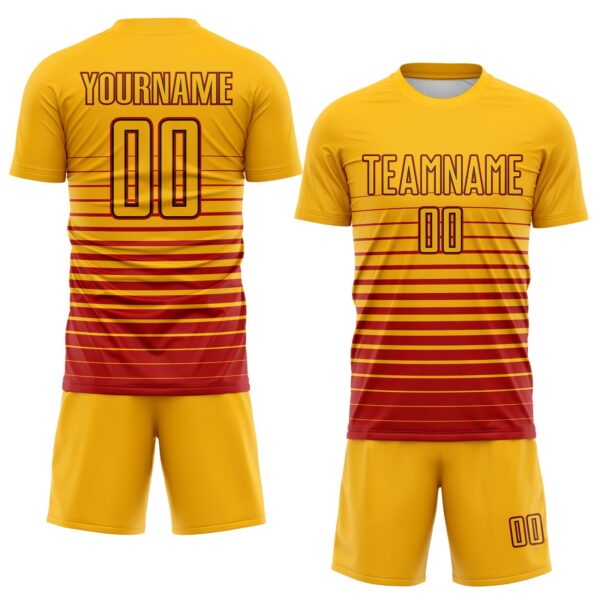 Custom Gold Red-Black Gradient Pinstripe Sublimation Soccer Uniform Jersey