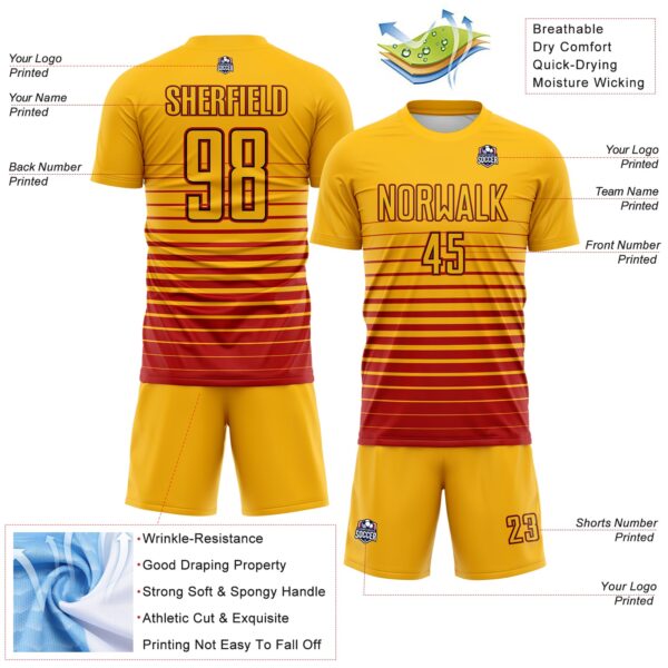 Custom Gold Red-Black Gradient Pinstripe Sublimation Soccer Uniform Jersey