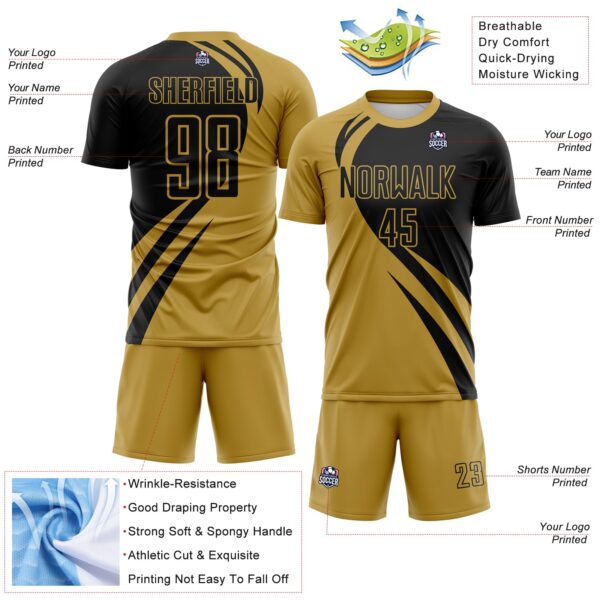 Custom Old Gold Black Diagonal Streamline Color Block Swirl Curve Lines Sublimation Soccer Uniform Jersey