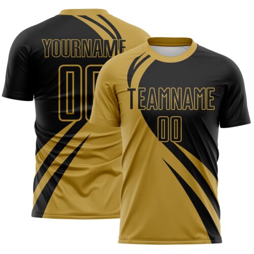 Custom Old Gold Black Diagonal Streamline Color Block Swirl Curve Lines Sublimation Soccer Uniform Jersey