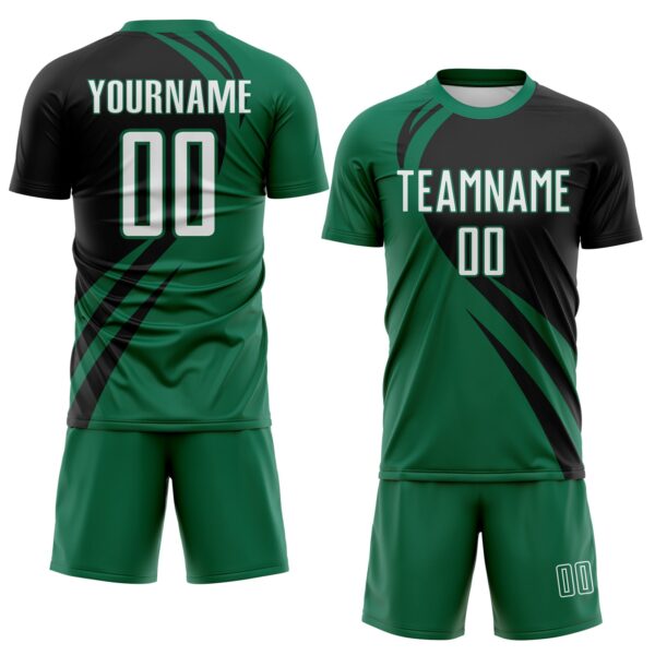 Custom Kelly Green White-Black Diagonal Streamline Color Block Swirl Curve Lines Sublimation Soccer Uniform Jersey