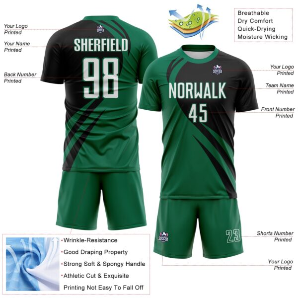 Custom Kelly Green White-Black Diagonal Streamline Color Block Swirl Curve Lines Sublimation Soccer Uniform Jersey
