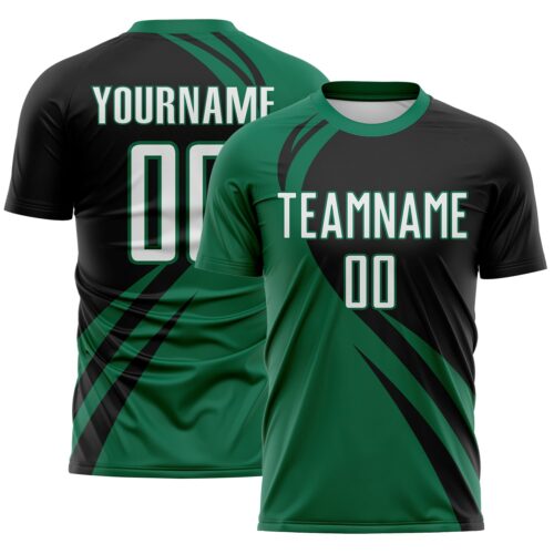 Custom Kelly Green White-Black Diagonal Streamline Color Block Swirl Curve Lines Sublimation Soccer Uniform Jersey