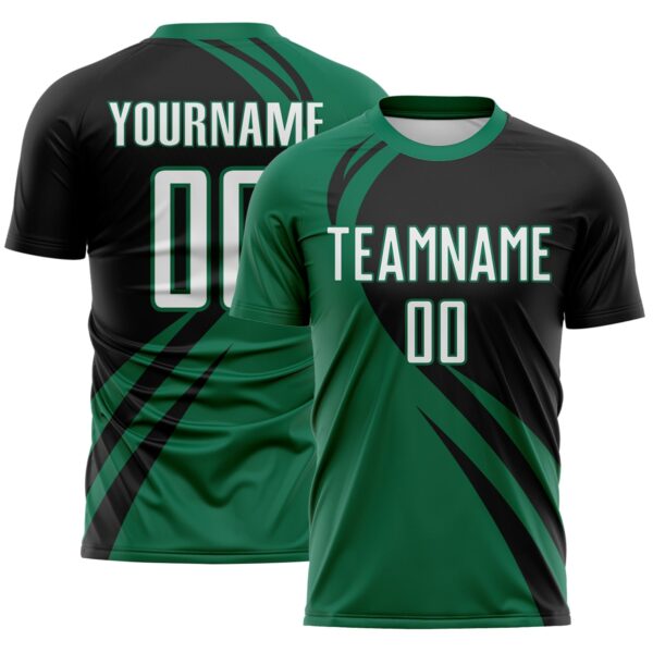 Custom Kelly Green White-Black Diagonal Streamline Color Block Swirl Curve Lines Sublimation Soccer Uniform Jersey