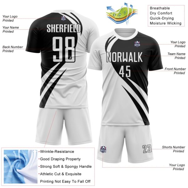 Custom White Black Diagonal Streamline Color Block Swirl Curve Lines Sublimation Soccer Uniform Jersey