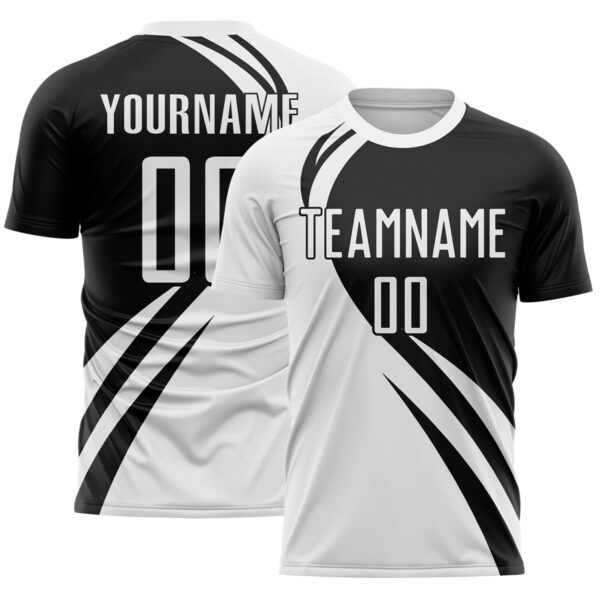 Custom White Black Diagonal Streamline Color Block Swirl Curve Lines Sublimation Soccer Uniform Jersey