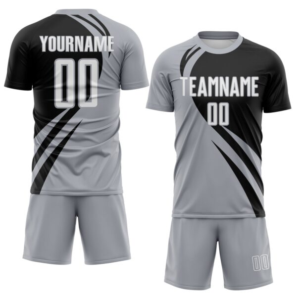 Custom Gray White-Black Diagonal Streamline Color Block Swirl Curve Lines Sublimation Soccer Uniform Jersey