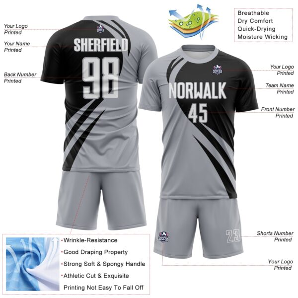 Custom Gray White-Black Diagonal Streamline Color Block Swirl Curve Lines Sublimation Soccer Uniform Jersey