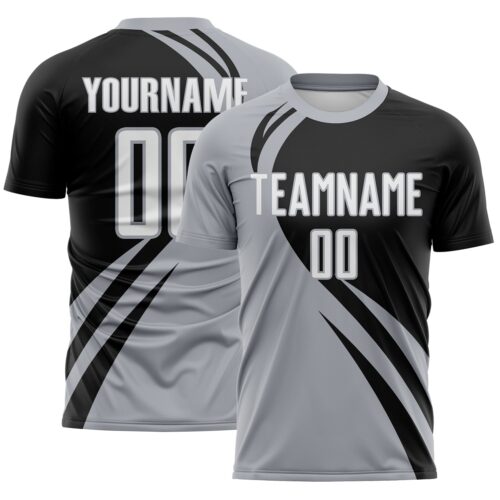 Custom Gray White-Black Diagonal Streamline Color Block Swirl Curve Lines Sublimation Soccer Uniform Jersey