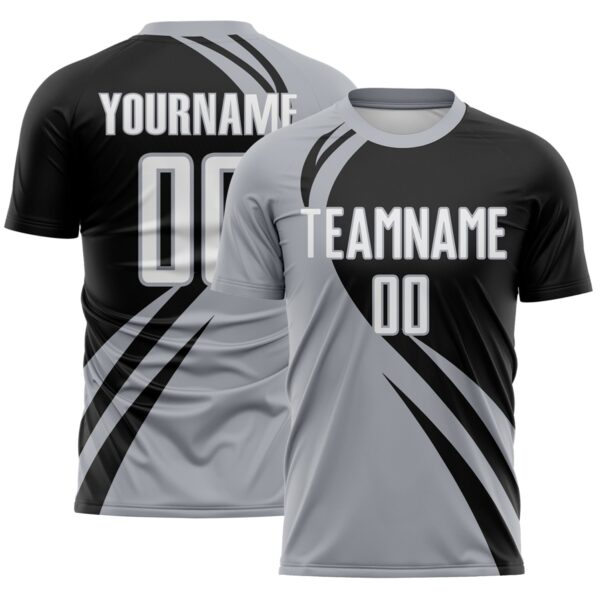 Custom Gray White-Black Diagonal Streamline Color Block Swirl Curve Lines Sublimation Soccer Uniform Jersey