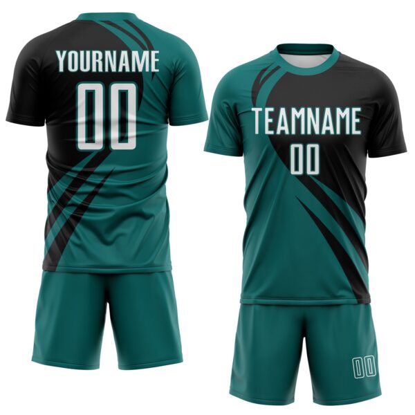 Custom Teal White-Black Diagonal Streamline Color Block Swirl Curve Lines Sublimation Soccer Uniform Jersey