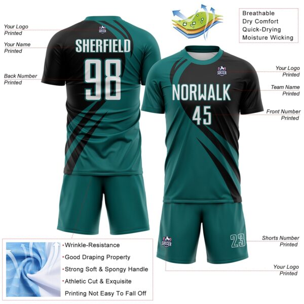 Custom Teal White-Black Diagonal Streamline Color Block Swirl Curve Lines Sublimation Soccer Uniform Jersey
