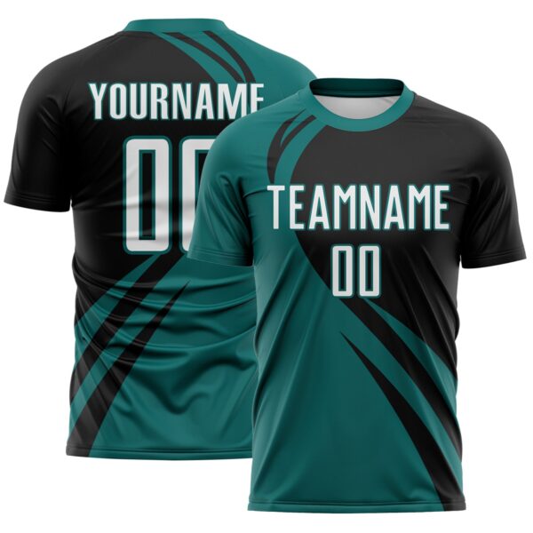 Custom Teal White-Black Diagonal Streamline Color Block Swirl Curve Lines Sublimation Soccer Uniform Jersey