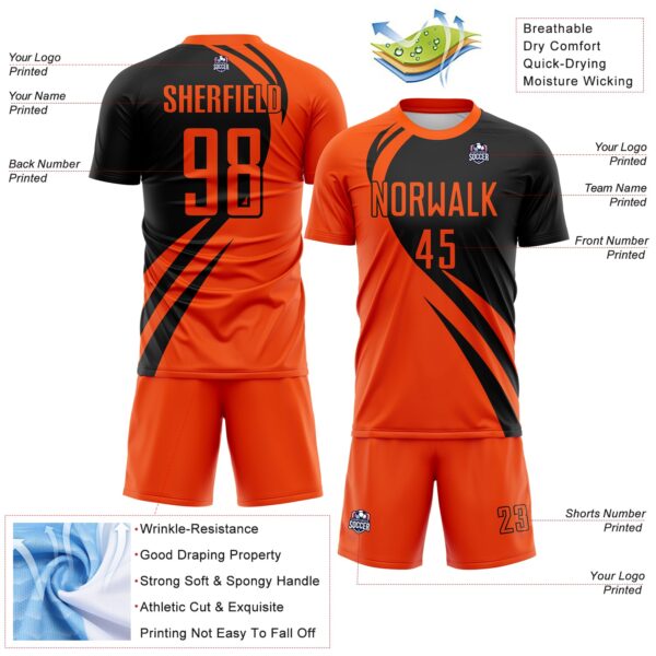 Custom Orange Black Diagonal Streamline Color Block Swirl Curve Lines Sublimation Soccer Uniform Jersey