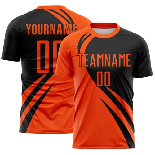 Custom Orange Black Diagonal Streamline Color Block Swirl Curve Lines Sublimation Soccer Uniform Jersey