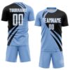 Custom Light Blue White-Black Diagonal Streamline Color Block Swirl Curve Lines Sublimation Soccer Uniform Jersey