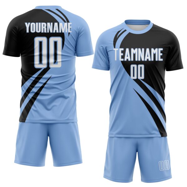 Custom Light Blue White-Black Diagonal Streamline Color Block Swirl Curve Lines Sublimation Soccer Uniform Jersey