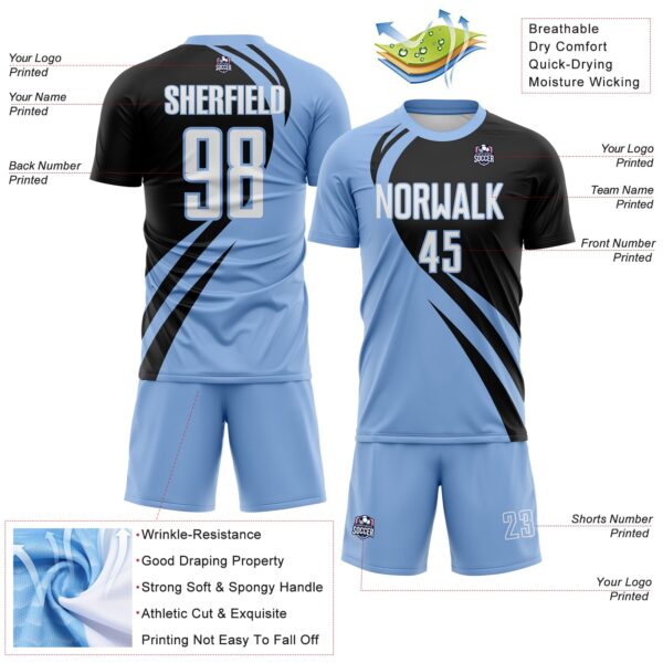 Custom Light Blue White-Black Diagonal Streamline Color Block Swirl Curve Lines Sublimation Soccer Uniform Jersey