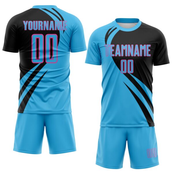 Custom Sky Blue Pink-Black Diagonal Streamline Color Block Swirl Curve Lines Sublimation Soccer Uniform Jersey