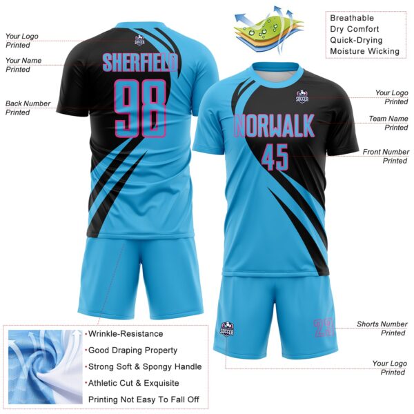 Custom Sky Blue Pink-Black Diagonal Streamline Color Block Swirl Curve Lines Sublimation Soccer Uniform Jersey