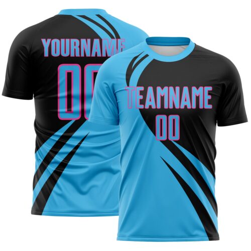 Custom Sky Blue Pink-Black Diagonal Streamline Color Block Swirl Curve Lines Sublimation Soccer Uniform Jersey