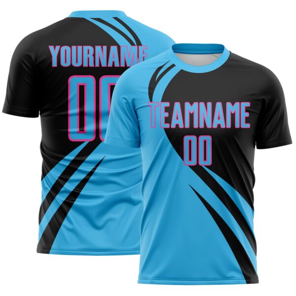 Custom Sky Blue Pink-Black Diagonal Streamline Color Block Swirl Curve Lines Sublimation Soccer Uniform Jersey