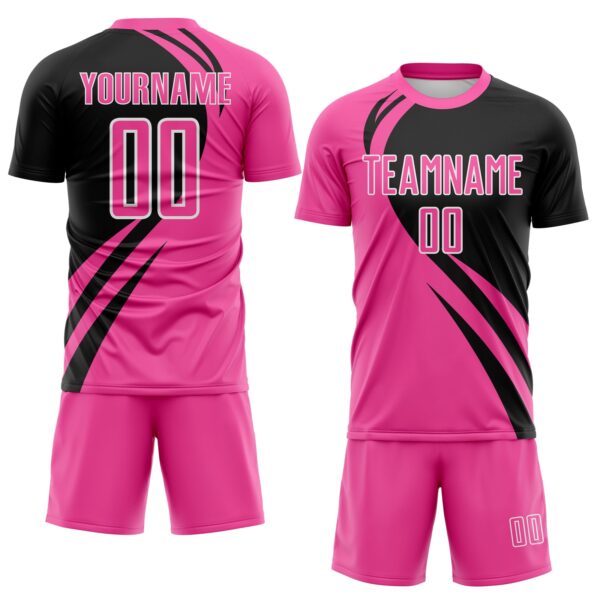 Custom Pink Black-White Diagonal Streamline Color Block Swirl Curve Lines Sublimation Soccer Uniform Jersey