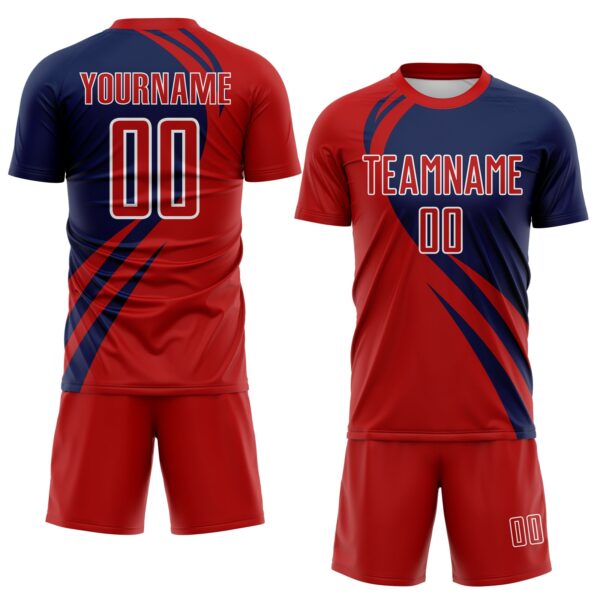 Custom Red Navy-White Diagonal Streamline Color Block Swirl Curve Lines Sublimation Soccer Uniform Jersey