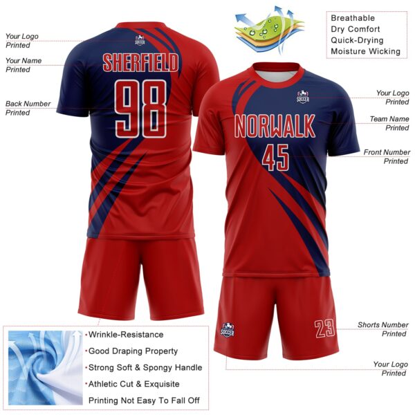 Custom Red Navy-White Diagonal Streamline Color Block Swirl Curve Lines Sublimation Soccer Uniform Jersey