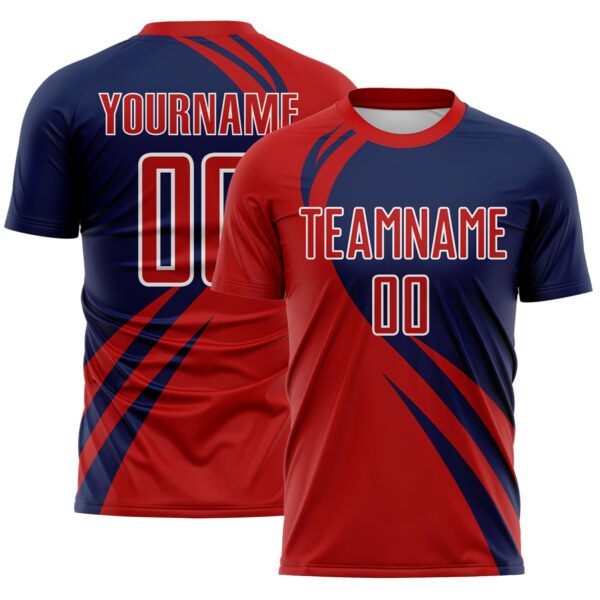Custom Red Navy-White Diagonal Streamline Color Block Swirl Curve Lines Sublimation Soccer Uniform Jersey