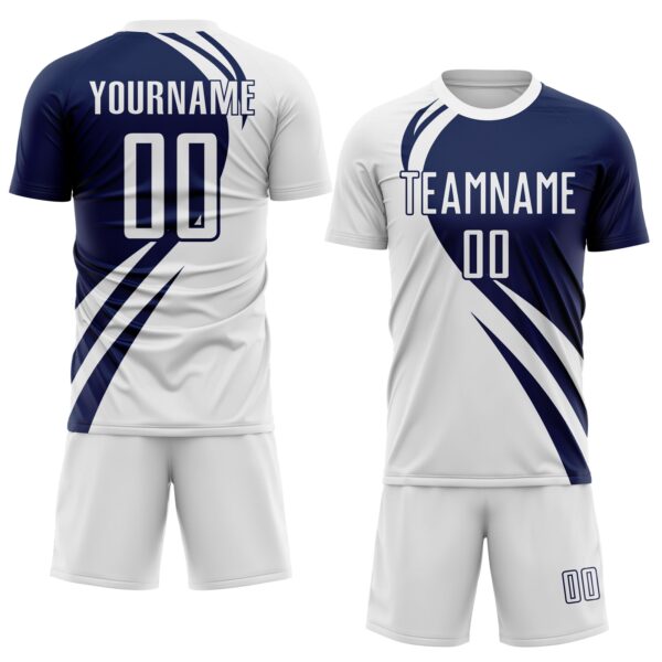 Custom White Navy Diagonal Streamline Color Block Swirl Curve Lines Sublimation Soccer Uniform Jersey