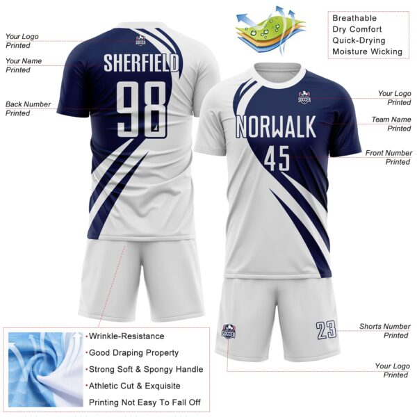 Custom White Navy Diagonal Streamline Color Block Swirl Curve Lines Sublimation Soccer Uniform Jersey