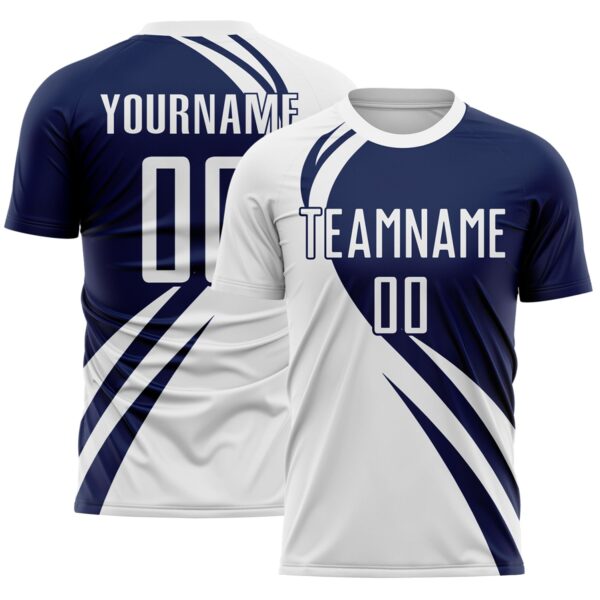 Custom White Navy Diagonal Streamline Color Block Swirl Curve Lines Sublimation Soccer Uniform Jersey
