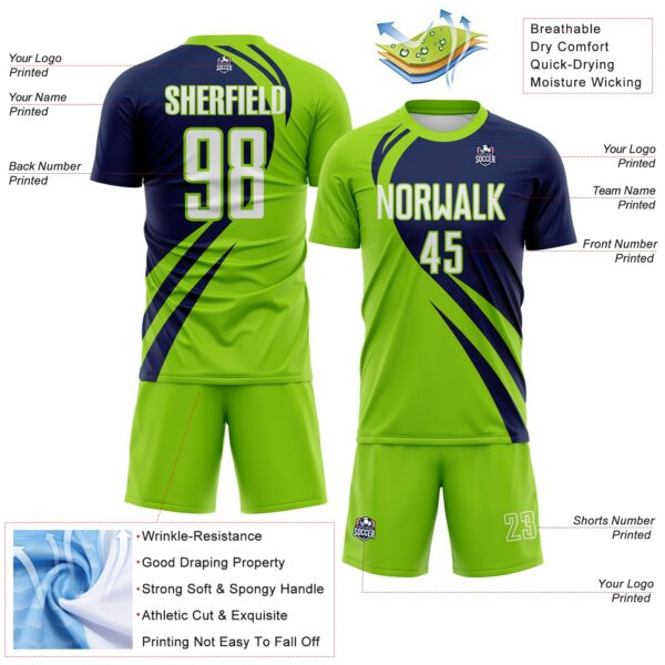 Custom Neon Green White-Navy Diagonal Streamline Color Block Swirl Curve Lines Sublimation Soccer Uniform Jersey