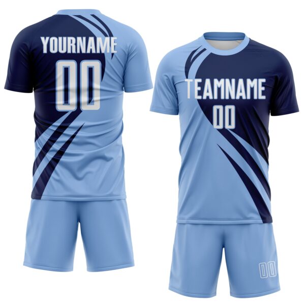 Custom Light Blue White-Navy Diagonal Streamline Color Block Swirl Curve Lines Sublimation Soccer Uniform Jersey