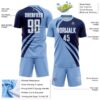 Custom Light Blue White-Navy Diagonal Streamline Color Block Swirl Curve Lines Sublimation Soccer Uniform Jersey