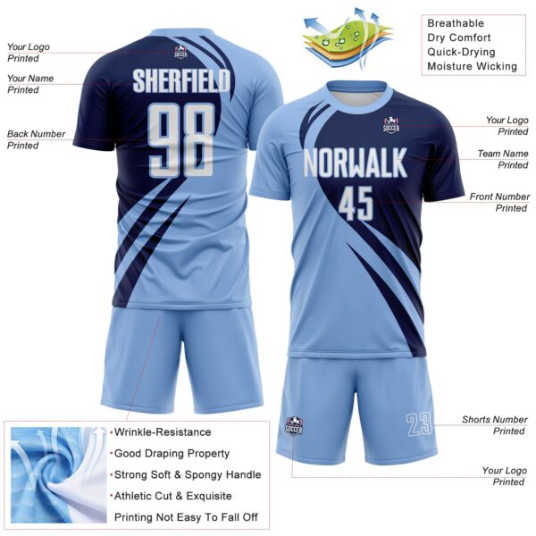 Custom Light Blue White-Navy Diagonal Streamline Color Block Swirl Curve Lines Sublimation Soccer Uniform Jersey