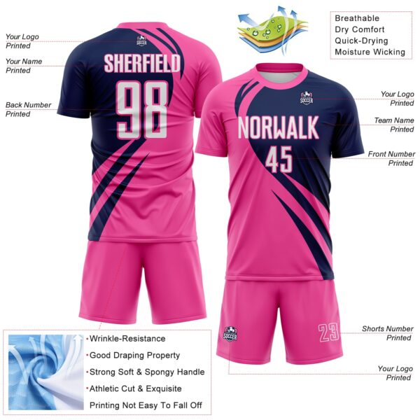 Custom Pink White-Navy Diagonal Streamline Color Block Swirl Curve Lines Sublimation Soccer Uniform Jersey