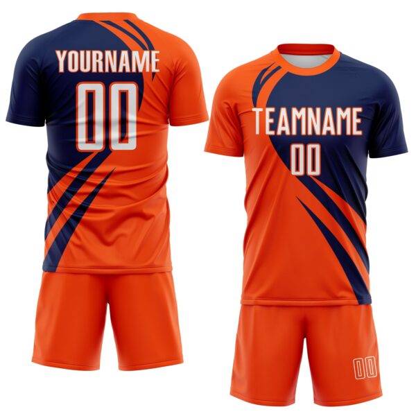 Custom Orange White-Navy Diagonal Streamline Color Block Swirl Curve Lines Sublimation Soccer Uniform Jersey