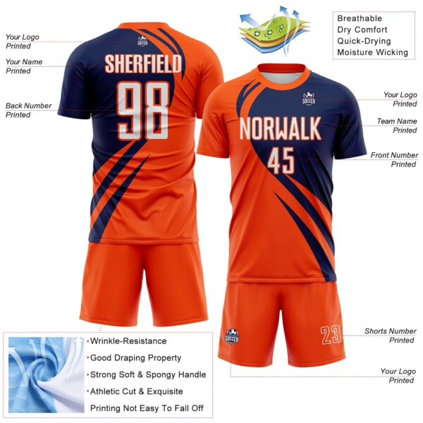 Custom Orange White-Navy Diagonal Streamline Color Block Swirl Curve Lines Sublimation Soccer Uniform Jersey