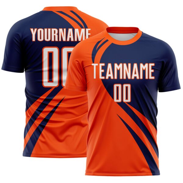 Custom Orange White-Navy Diagonal Streamline Color Block Swirl Curve Lines Sublimation Soccer Uniform Jersey