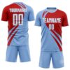 Custom Light Blue White-Red Diagonal Streamline Color Block Swirl Curve Lines Sublimation Soccer Uniform Jersey