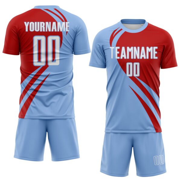 Custom Light Blue White-Red Diagonal Streamline Color Block Swirl Curve Lines Sublimation Soccer Uniform Jersey