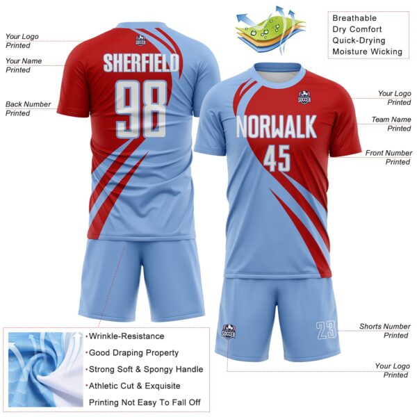 Custom Light Blue White-Red Diagonal Streamline Color Block Swirl Curve Lines Sublimation Soccer Uniform Jersey