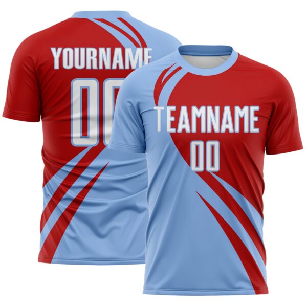 Custom Light Blue White-Red Diagonal Streamline Color Block Swirl Curve Lines Sublimation Soccer Uniform Jersey