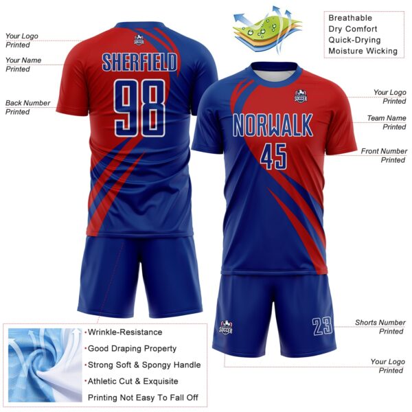 Custom Royal Red-White Diagonal Streamline Color Block Swirl Curve Lines Sublimation Soccer Uniform Jersey