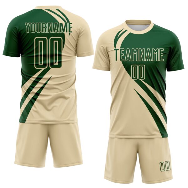 Custom Cream Green Diagonal Streamline Color Block Swirl Curve Lines Sublimation Soccer Uniform Jersey