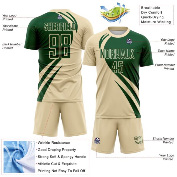 Custom Cream Green Diagonal Streamline Color Block Swirl Curve Lines Sublimation Soccer Uniform Jersey