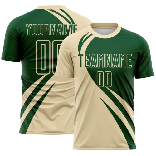 Custom Cream Green Diagonal Streamline Color Block Swirl Curve Lines Sublimation Soccer Uniform Jersey